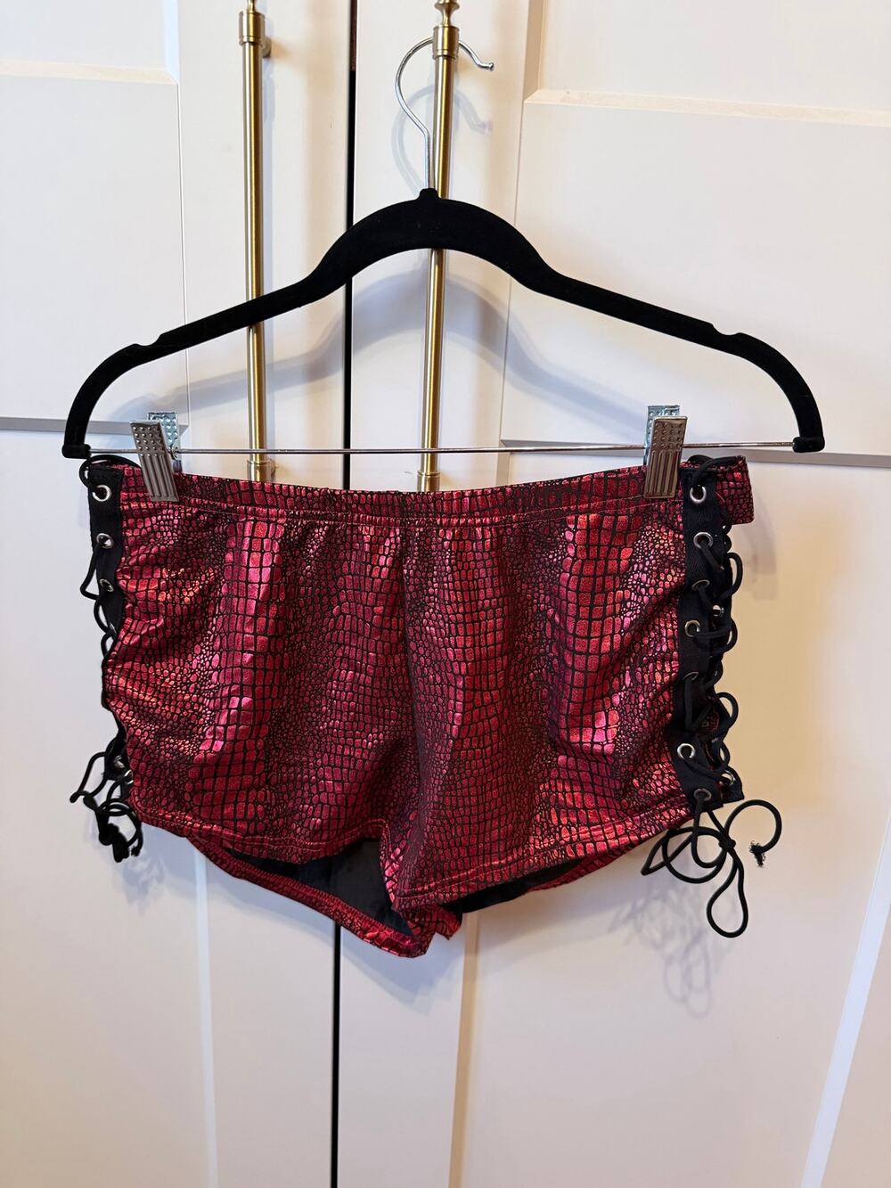 metallic red snakeskin two piece lace up hot shorts set